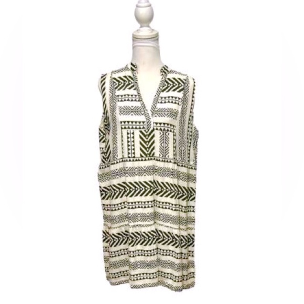 Olive Green and Cream Geometric Sleeveless Sun Dress size medium